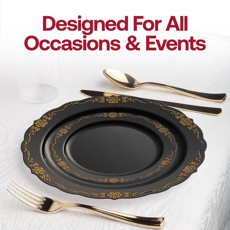 Black with Gold Vintage Rim Round Plastic Dinnerware Value Set (120 Sets) image number 7