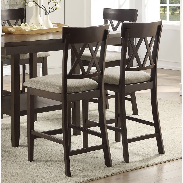 Dark Brown Finish Counter Height Chairs 2pc Set Double X-Back Design Linen-like Fabric Padded Seat Dining Furniture