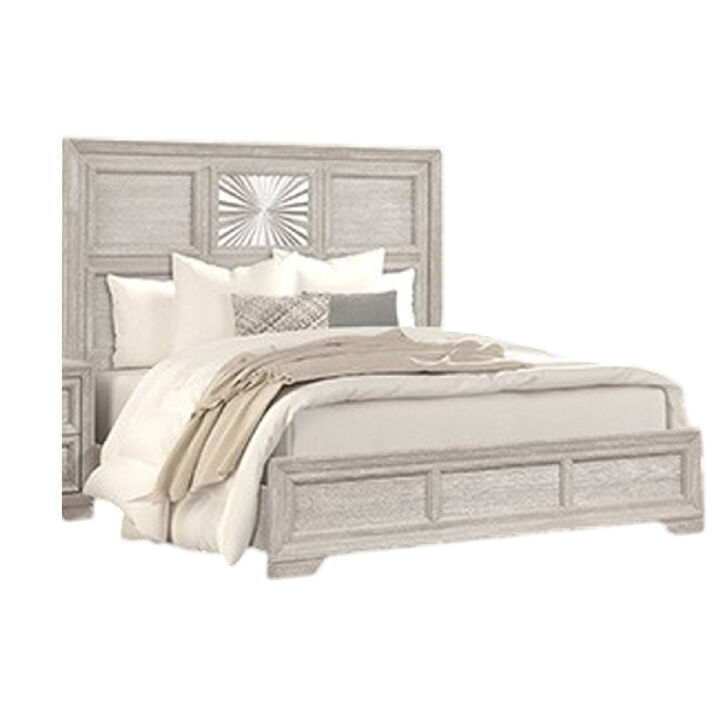Diaz King Bed, Sunburst Pattern and Recessed Panel, Light Gray Wood - Benzara