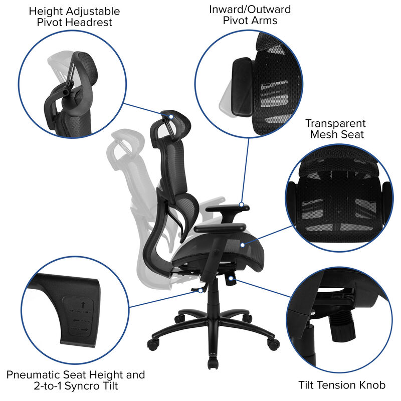 LO Ergonomic Mesh Office Chair with 2-to-1 Synchro-Tilt, Adjustable Headrest, Lumbar Support, and Adjustable Pivot Arms in Black image number 2