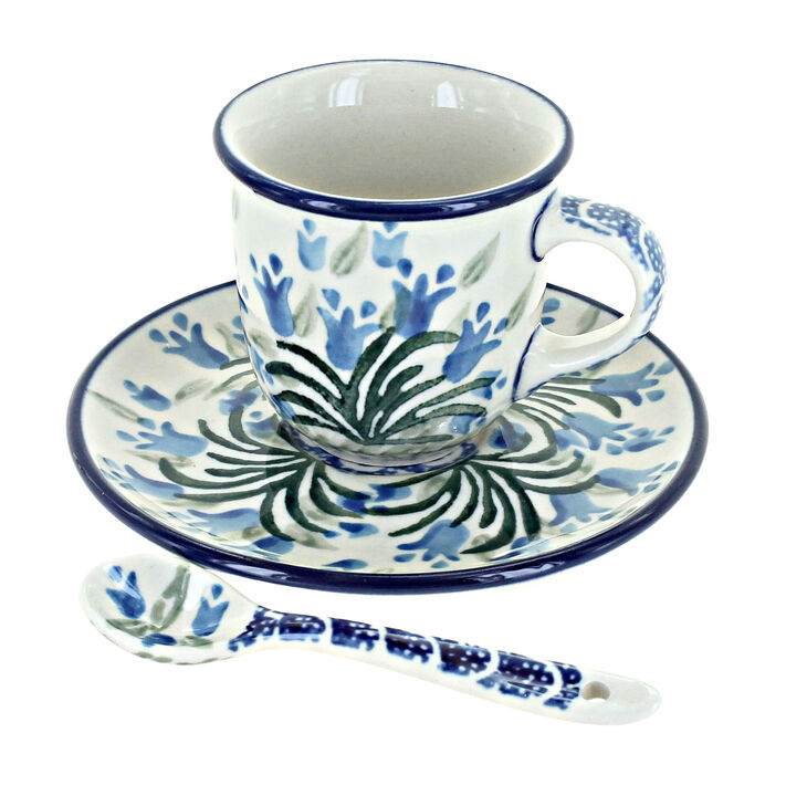 Blue Rose Polish Pottery Blue Fleur Espresso Cup & Saucer with Spoon