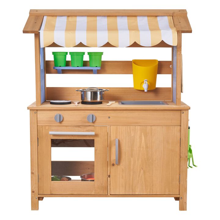 Wooden Outdoor Play Kitchen for Kids with Sink, Water Tank and Accessories-Natural