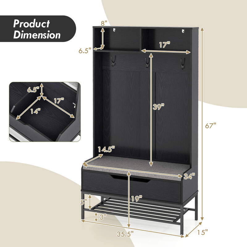 Modern Tall Hall Tree 4-in-1 with Cushioned Seat and Shoe Storage