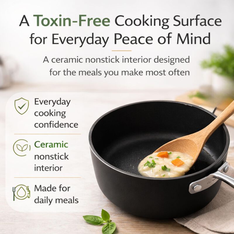Alva Maestro Cookware Set 7-Piece Set - Nonstick Ceramic Pans and Pots - Oven Safe, Easy to Clean and Made without PFAS, PFOA & PTFE - Induction & All Stovetop Compatible with Even Heat Distribution image number 2