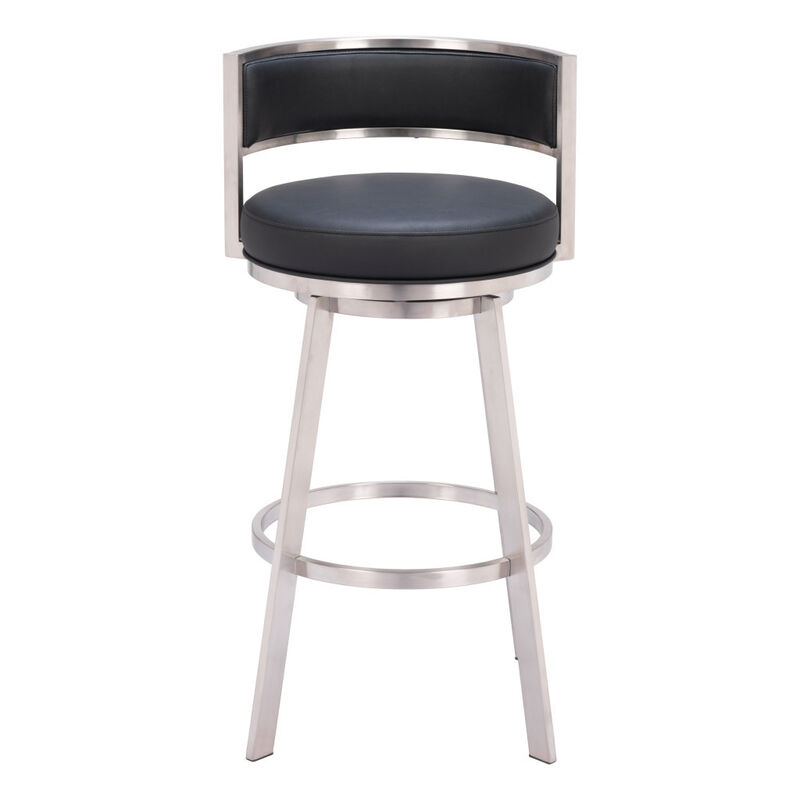 HomeRoots 31" Black And Silver Faux Leather And Stainless Steel Low Back Bar Height Swivel Bar Chair