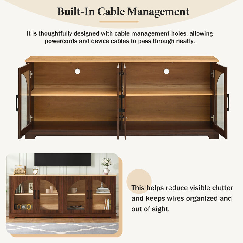 TATEUS Elegant Farmhouse Media Sideboard with Semi-Arched Glass Doors, 70" TV Stand Cable Management image number 4