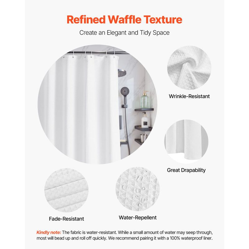 White Fabric Shower Curtain 240 GSM Waffle Design Washable with Hooks image number 6