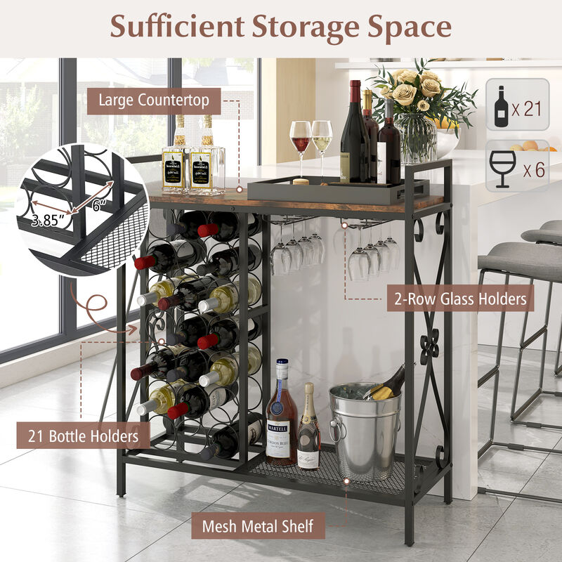21 Bottle Wine Rack Freestanding Floor Wine Bottle Organizer with Glass Holder
