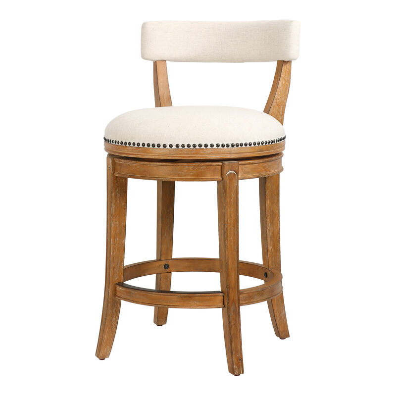 HomeRoots Linen and Brown Fabric and Solid Wood Low Back Counter Height Swivel Bar Chair image number 0
