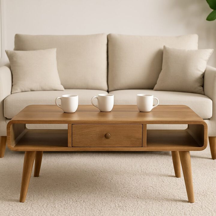 Curved  Solid Wood 2 Drawer Oak-ish Coffee Table