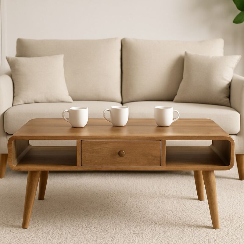Curved  Solid Wood 2 Drawer Oak-ish Coffee Table