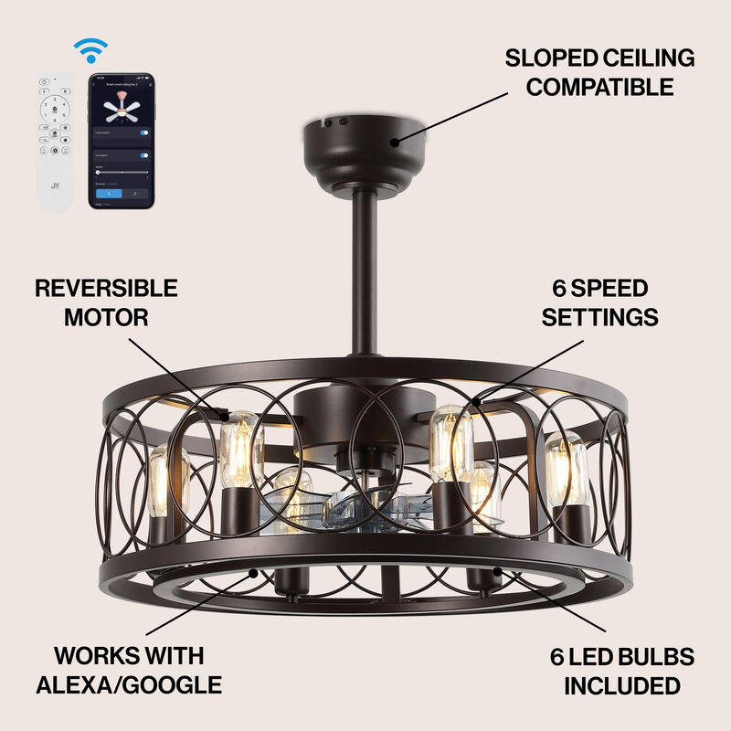 Celeste 6-Light Industrial Farmhouse 6-Speed Metal Mobile-App Remote-Controlled Caged LED Ceiling Fan