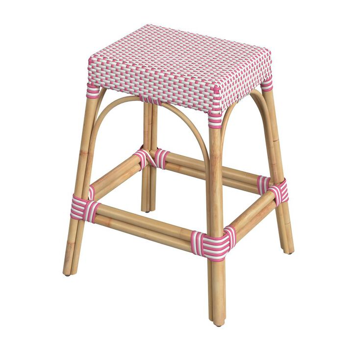 Butler Specialty Robias Rectangular Rattan 24.5 Counter Stool, White and Pink Dot