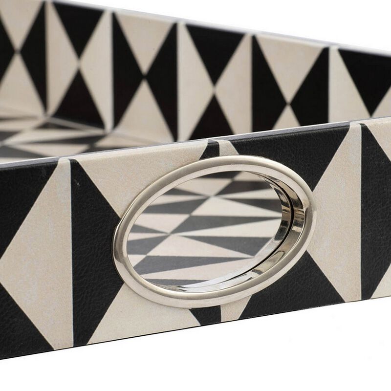 25 Inch Decorative, Black White Wood Trays, Art Deco Geometric, Set of 2 - Benzara