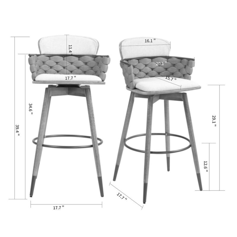 Glamour Home Bechor Beige and Gray Linen Fabric Bar Stool with Natural Wood Legs