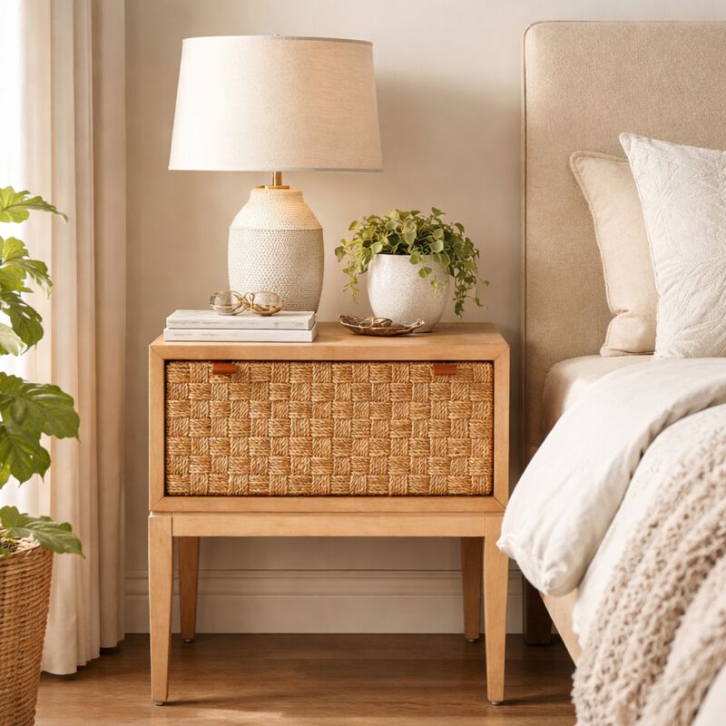 Rena Nightstand, 1 Drawer with Sea Grass Accent Front, Natural Brown image number 1