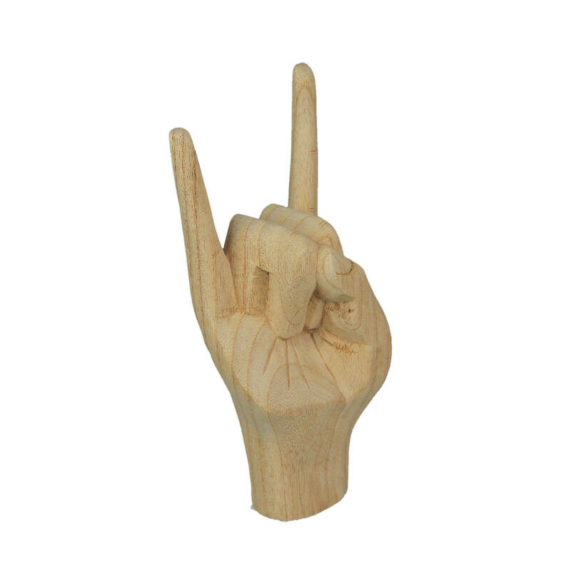 Carved Wooden Rock On Devil Horns Hand Gesture Statue Natural Finish Home Decor image number 1