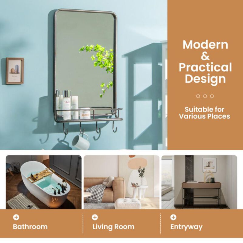 Hivvago Wall Bathroom Mirror with Shelf Hooks Sturdy Metal Frame for Bedroom Living Room