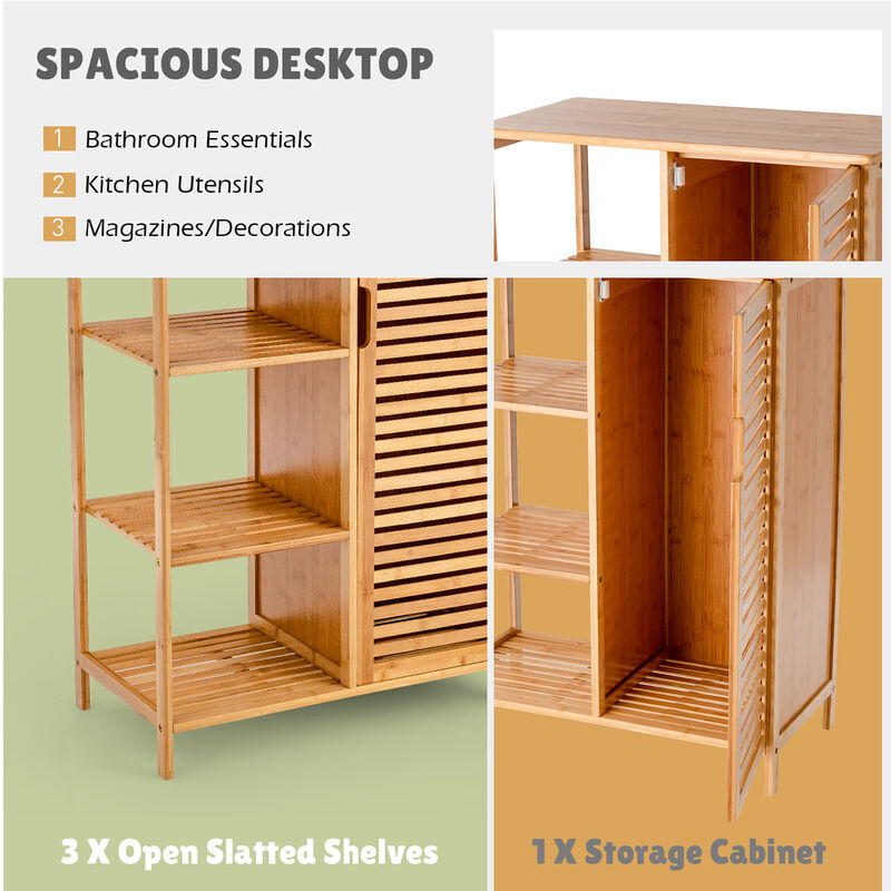 Costway Bathroom Cabinet Bamboo Storage Floor Cabinet w/ Single Door & 3 Open Shelves