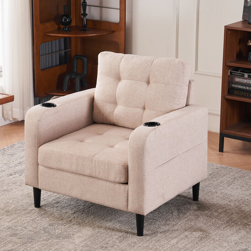 Upholstered Armchair with Storage Ottoman and Cup Holders for Cozy Seating