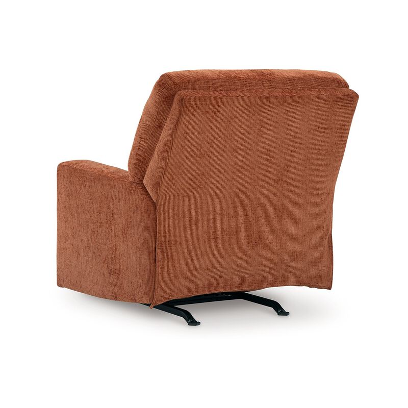 Avie Rocker Recliner Chair, Gentle Motion, Burnt Orange Polyester - Benzara