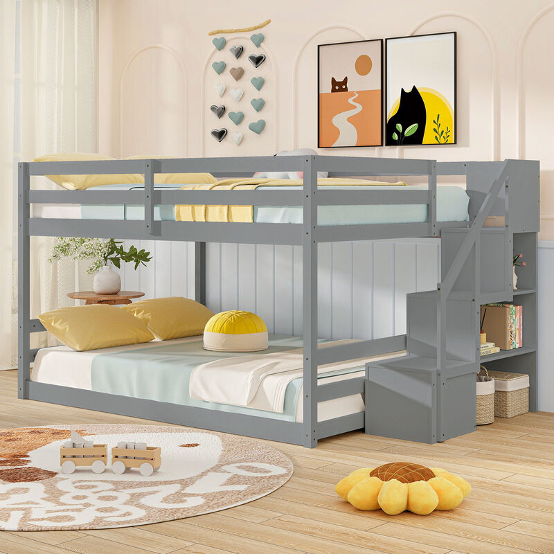 Full Over Full Low Bunk Bed Solid Wood Frame with Storage Stairs image number 6