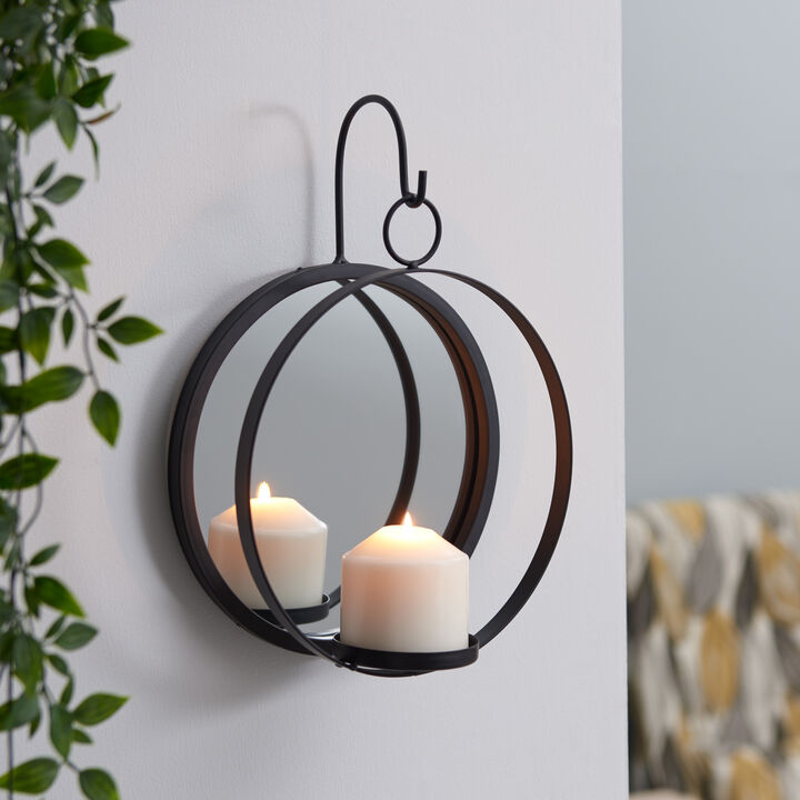 Round Wrought Iron Pillar Candle Sconce with Mirror – Rustic Metal Hanging Wall Candleholder