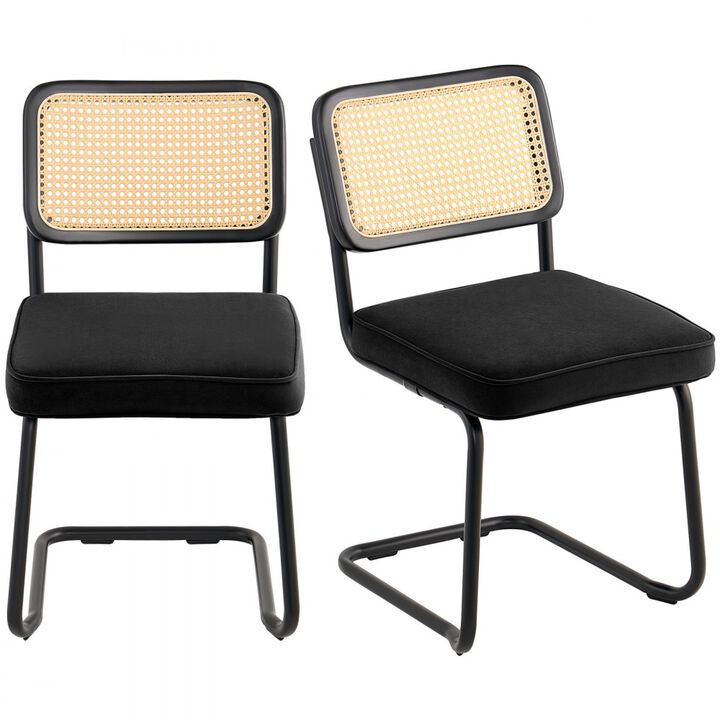 Set of 2 Rattan Dining Chairs Mid Century Modern Velvet Upholstered Accent Chairs