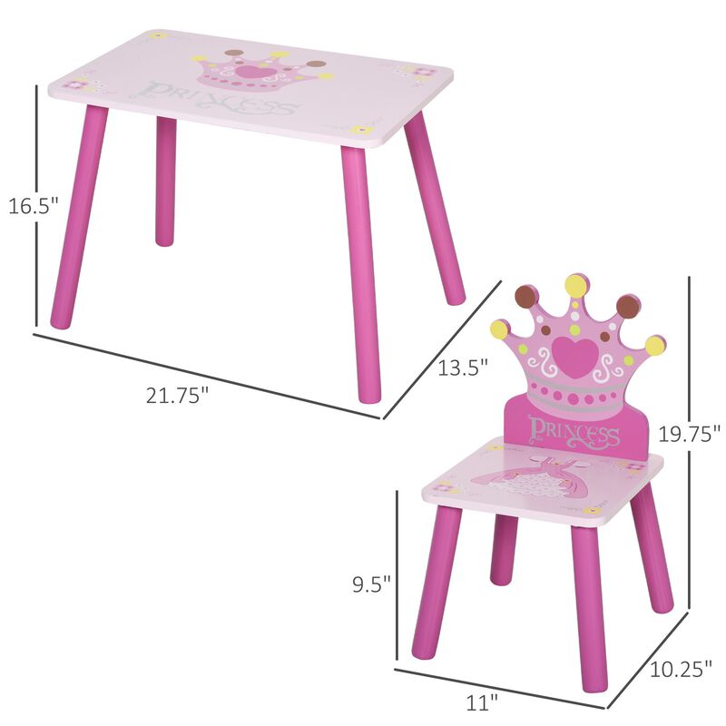 Pink Princess Set: Kids 3-Piece Wood Table and Chair with Crown Pattern