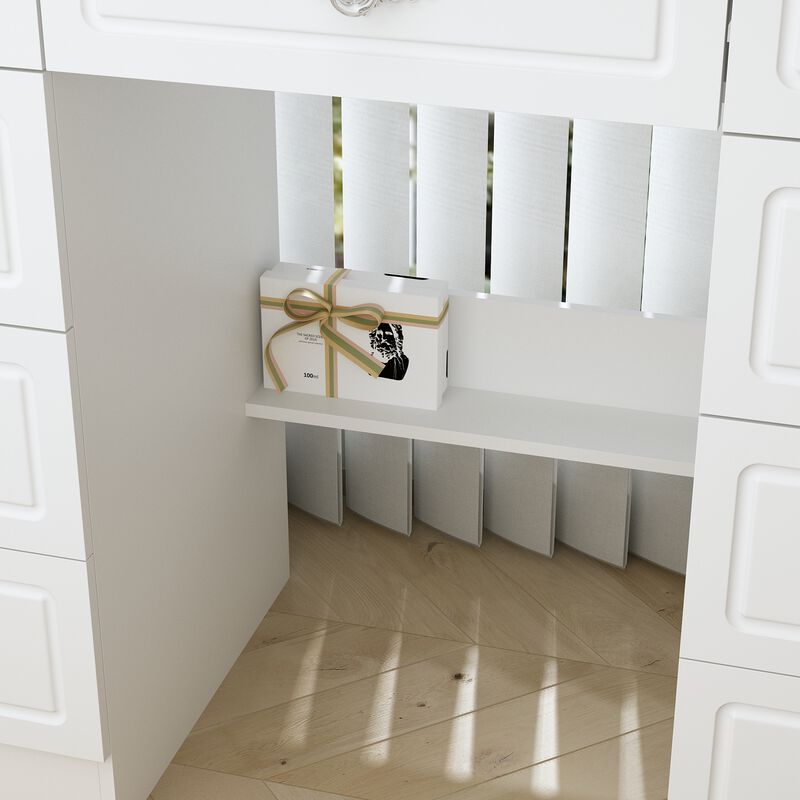 White Makeup Vanity Table Dressing Desk W/3-Mirrors,Lighted Mirror, Drawers, Hidden Storage Shelves Carved Metal Handles