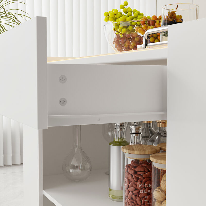 FUFU&GAGA Modern Three-Tier Utility Cart with Adjustable LED Light Strip, Drawer, Wave Lighting Effect, Water Wave Tempered Glass, and Locking Casters (47.8 in. W x 23.6 in. D x 33.9 in. H), White