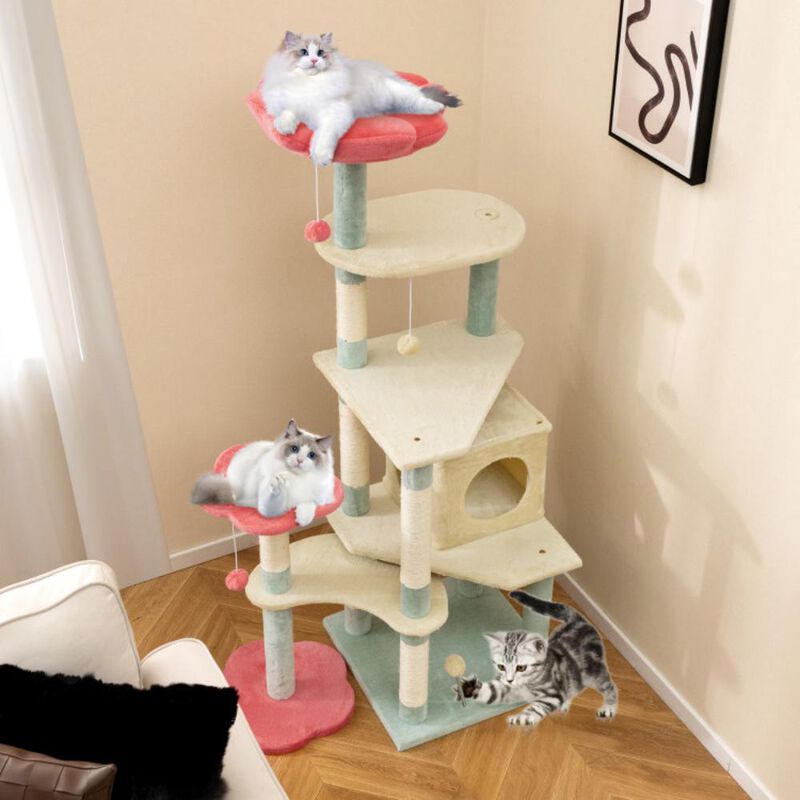 Hivvago 61 Inch Multi-Level Aesthetic Floral Kitten Tower with Flower-Shaped Padded Perch