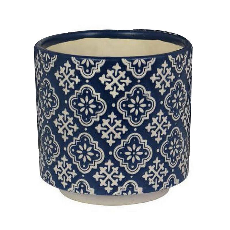 Modern Planter Set of 3, Vintage Floral Motifs, White Blue Ceramic - Benzara