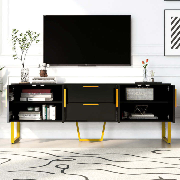 Modern TV Stand for TVs up to 75 Inches, Storage Cabinet with Drawers and Cabinets, Wood TV Console Table with Metal Legs and Handles for Living room, Black