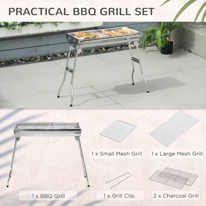 Outsunny Portable Charcoal Grill, Stainless Steel Folding Outdoor BBQ Grill for Backyard Cooking, Camping, Picnic, Party, Tailgating and Travel with Pan, Grill Rack, Shelves, Hooks