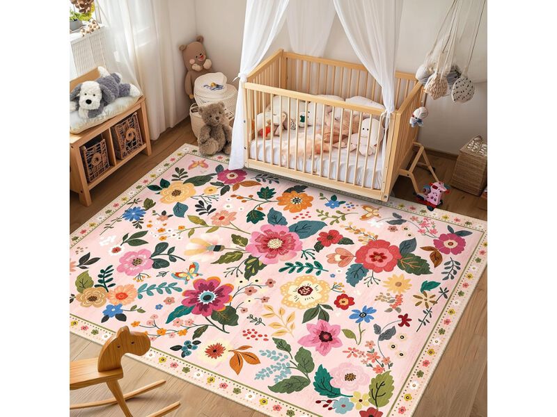 Pink Floral Washable Area Rug 5 by 7 Non Slip Boho Living Room Carpet image number 2