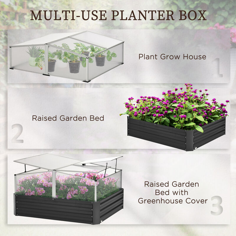 Outsunny Galvanized Raised Garden Bed Kit with Polycarbonate Mini Greenhouse, Metal Planter Box for Outdoor Garden to Grow Vegetables, Herbs & Flowers, 49.6" x 42.1" x 26.6", Dark Gray