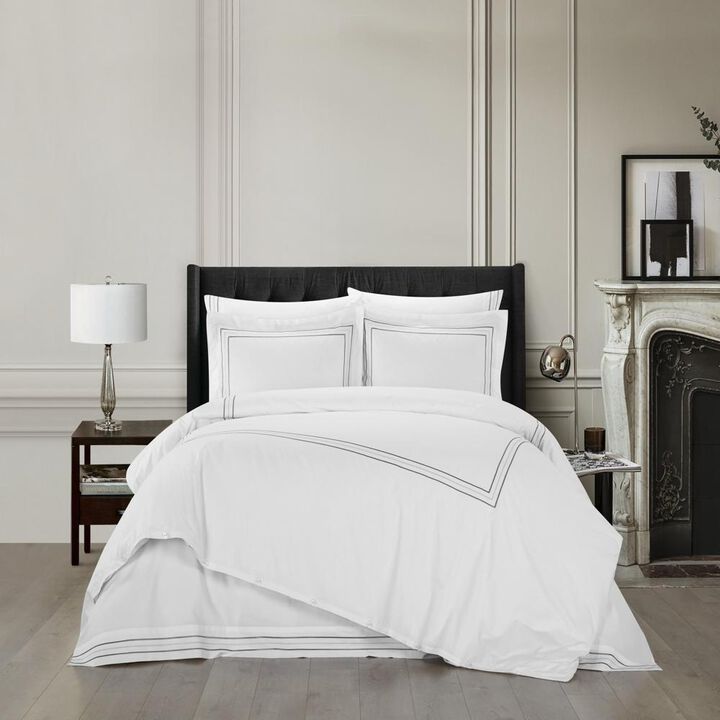 Chic Home Alexander Cotton Duvet Cover Set Solid White With Dual Stripe Embroidered Hotel Collection Bedding - Includes Two Pillow Shams - 3 Piece - King 106x96, Grey