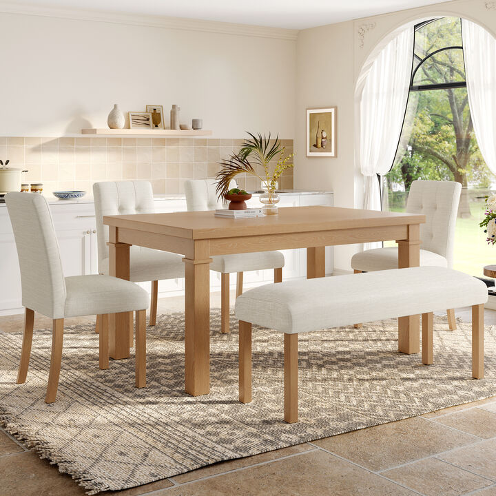 Merax 6-Piece Modern Dining Set, Rectangle Kitchen Table with 4 Upholstered Chairs & Bench