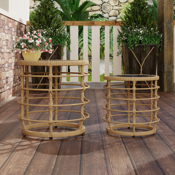 FUFU&GAGA Side Tables with Built-in Solar Lights - Set of 2, Black Iron Frame with Yellow Rattan Weave, Glass Top, (17.7" x 17.7" x 17.7" & 13.8" x 13.8" x 13.8"), Solar-Powered Ambient Lighting