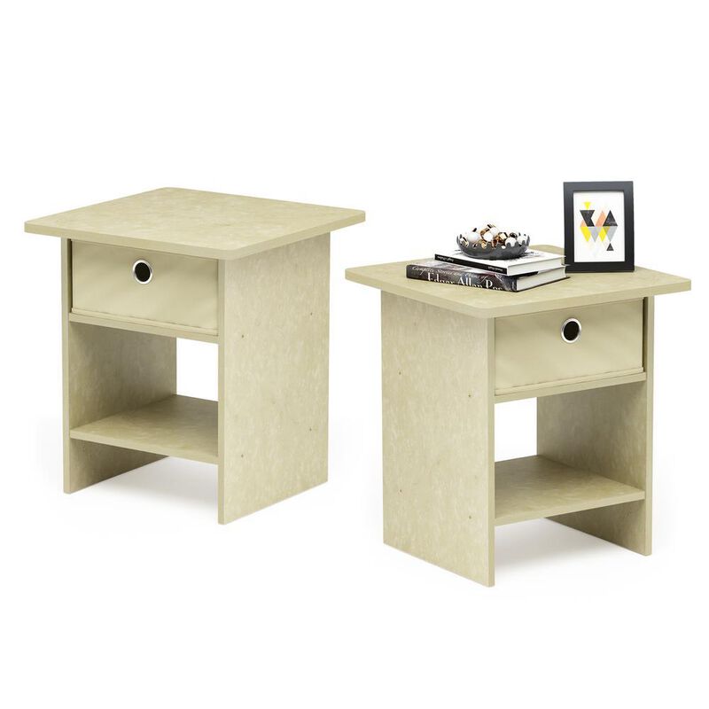 Furinno End Table/ Night Stand Storage Shelf with Bin Drawer, Cream Faux Marble/Ivory, Set of 2