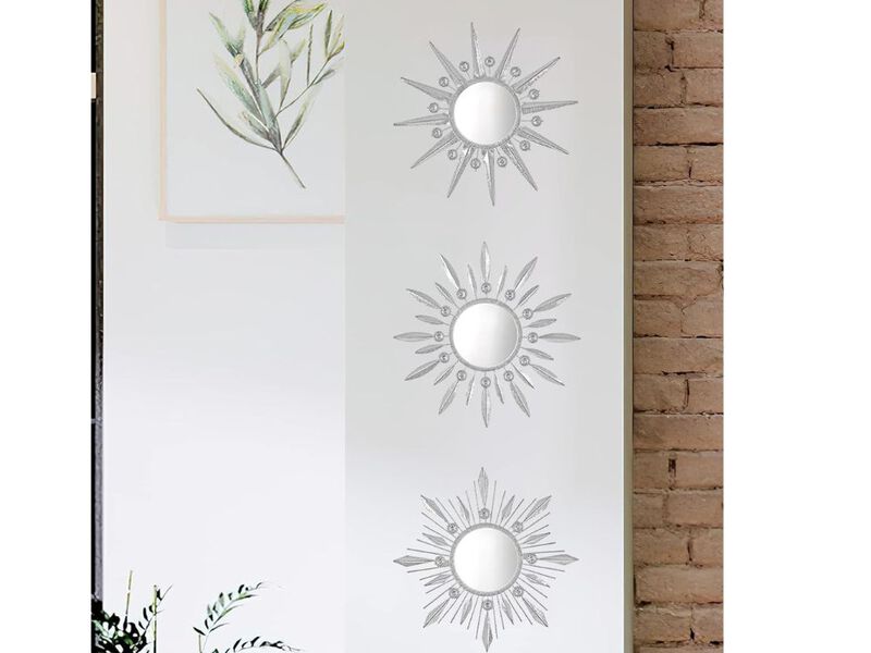 Set of 3 Silver Sunburst Wall Mirrors &ndash; Rhinestone Accent Decor for Home
