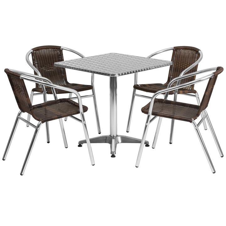 Flash Furniture Lila 27.5'' Square Aluminum Indoor-Outdoor Table Set with 4 Dark Brown Rattan Chairs