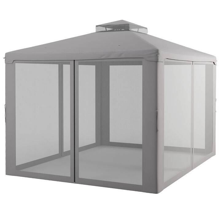 Outsunny 10' x 12' Patio Gazebo Outdoor Canopy Shelter with 2-Tier Roof and Netting, Steel Frame for Garden, Lawn, Backyard and Deck, Gray