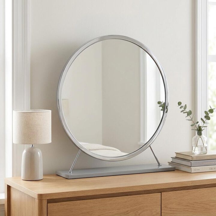 HomeRoots 19" Gray Metal Round Freestanding Ornate Framed Makeup Shaving Tabletop Mirror