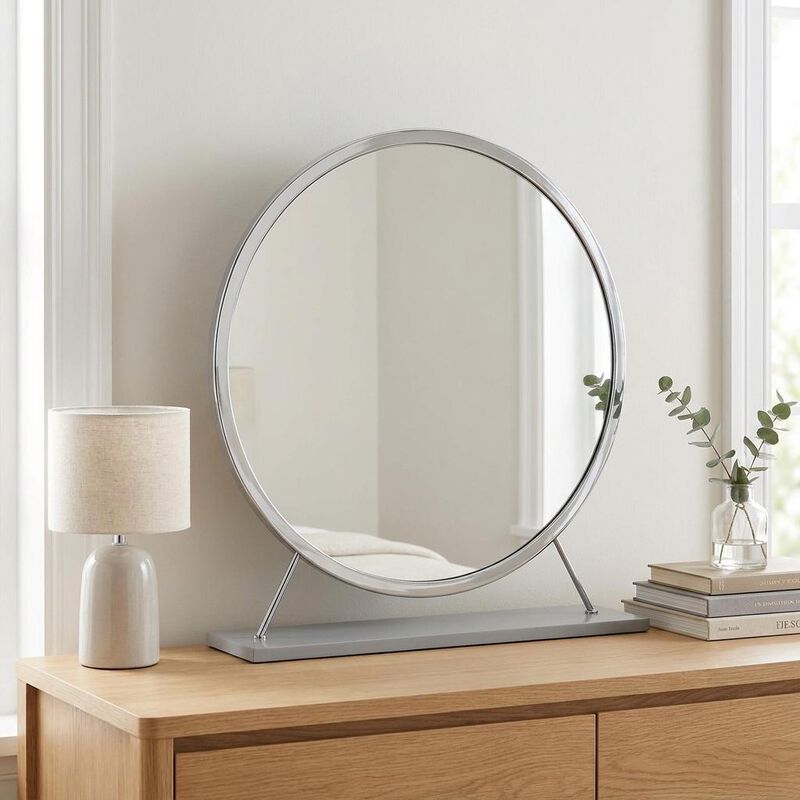 HomeRoots 19" Gray Metal Round Freestanding Ornate Framed Makeup Shaving Tabletop Mirror image number 1