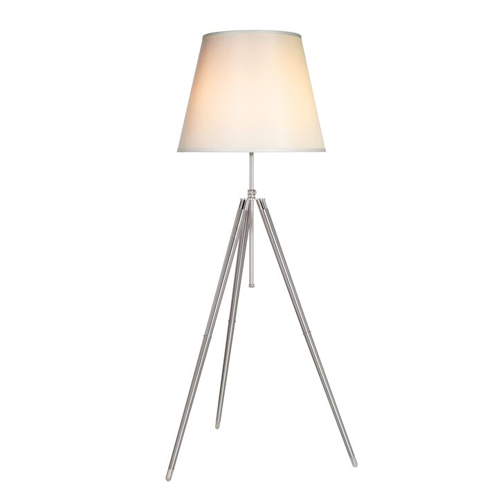 66 Inch Floor Lamp with White Drum Shade, Modern Chrome Metal Tripod Base - Benzara
