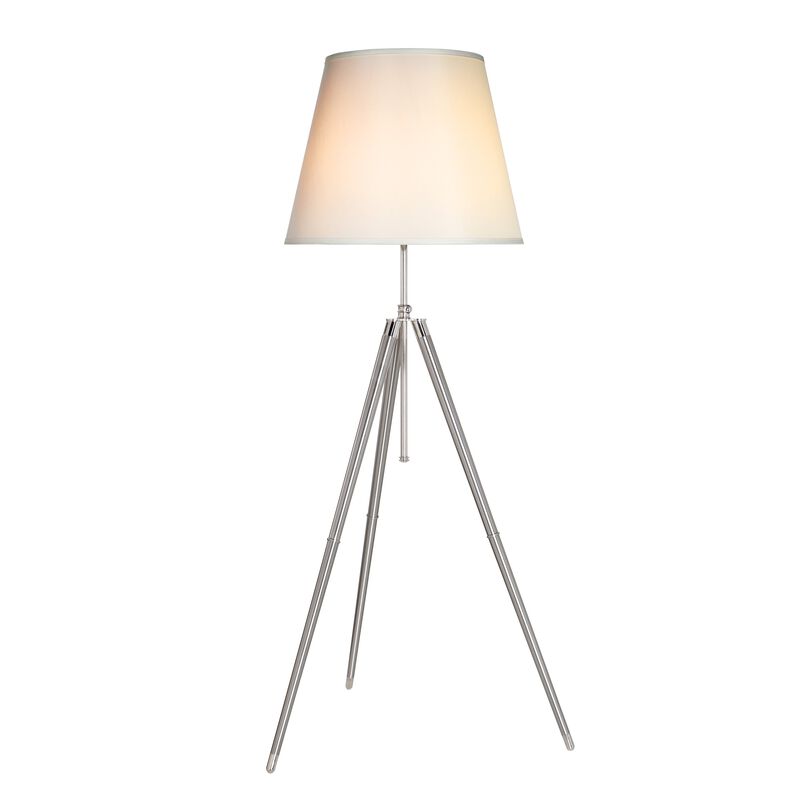 66 Inch Floor Lamp with White Drum Shade, Modern Chrome Metal Tripod Base - Benzara