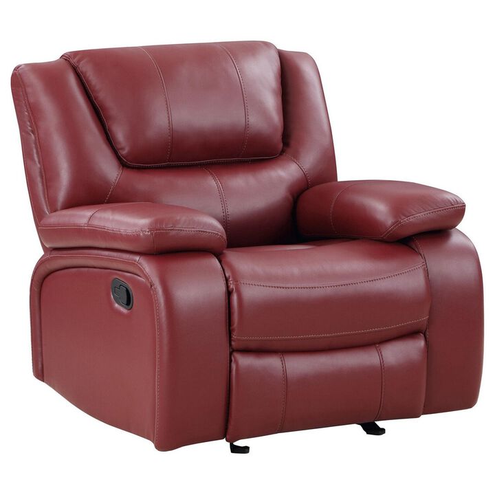 Mila 38 Inch Manual Recliner Accent Sofa Chair, Red Faux Leather, Wood - Benzara