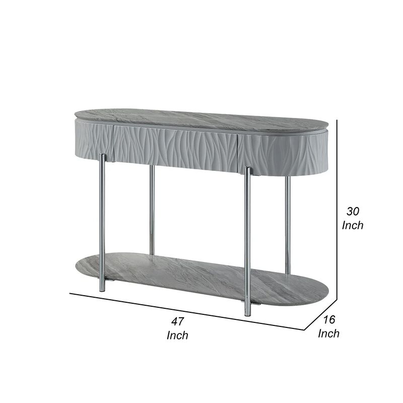 Doug Sofa Table, Gray High Gloss Wood, Drawers, Chrome Metal, 47 Inch
